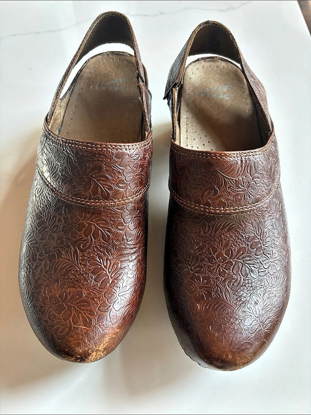Dansko Brenda Floral Embossed Leather Slingback Clog Clogs Brown US 9